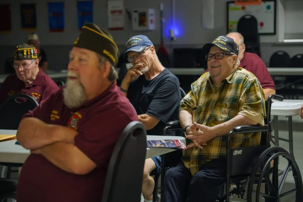 Rutledge addresses nearly 20 veterans at the Midland VFW hall. Image credit: Jeremy Marble, University of Michigan News